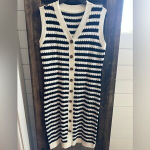 Black & Cream Striped Knit Button Front Sweater Vest Dress Size M
